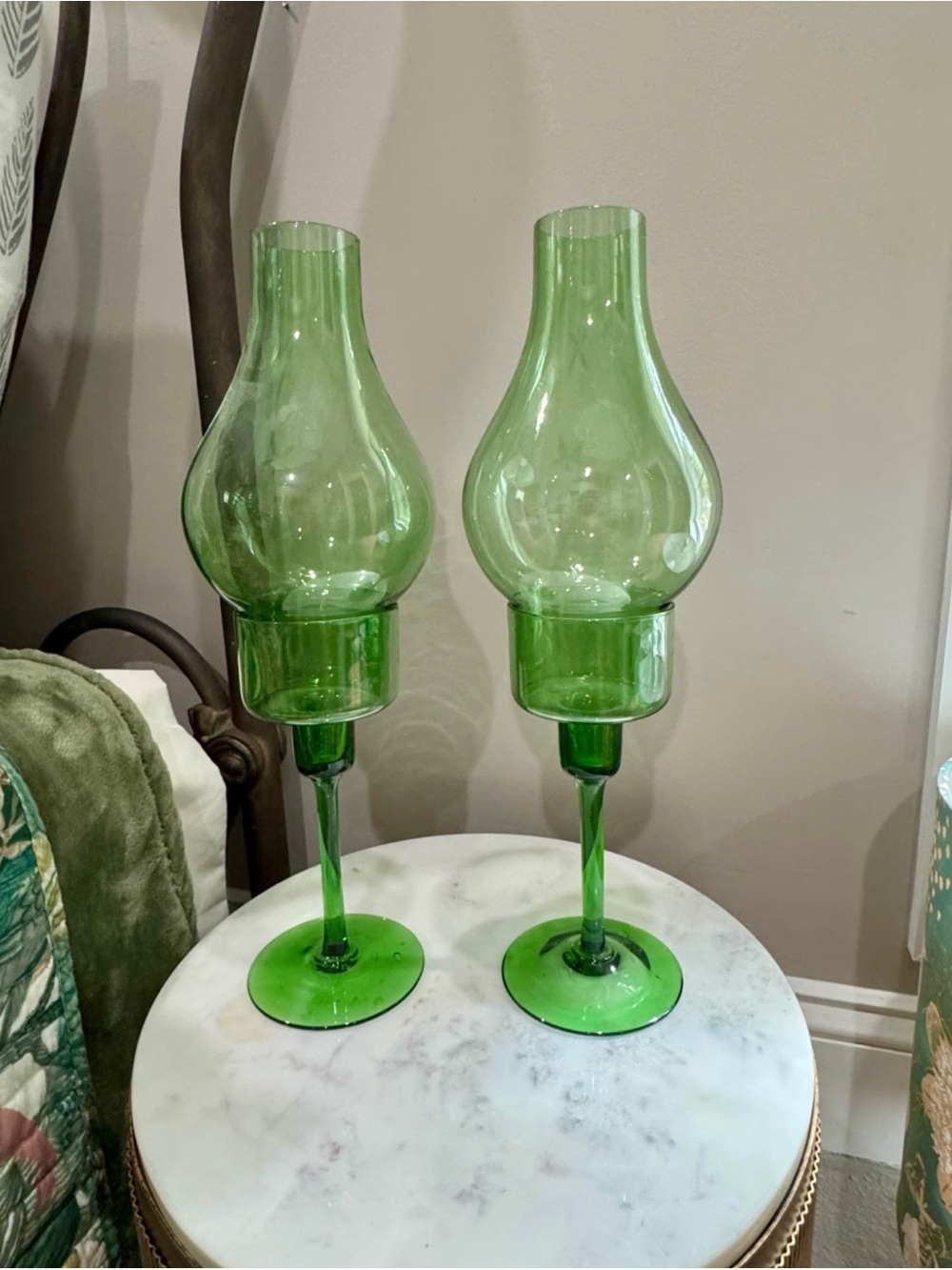 Vintage Green Glass Candle Holders - Decorative Hurricane Set